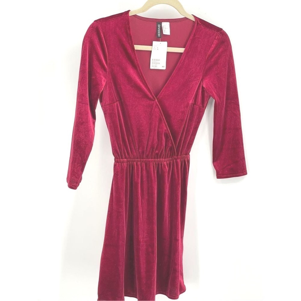 New H&M Divided Faux Wrap Dress Mini Women 0 XS Velvet Dark Red Holiday Party